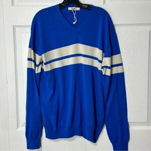 Lello Sweater Men’s Blue Off White Striped Organic Cotton Sweater V-Neck XXL
